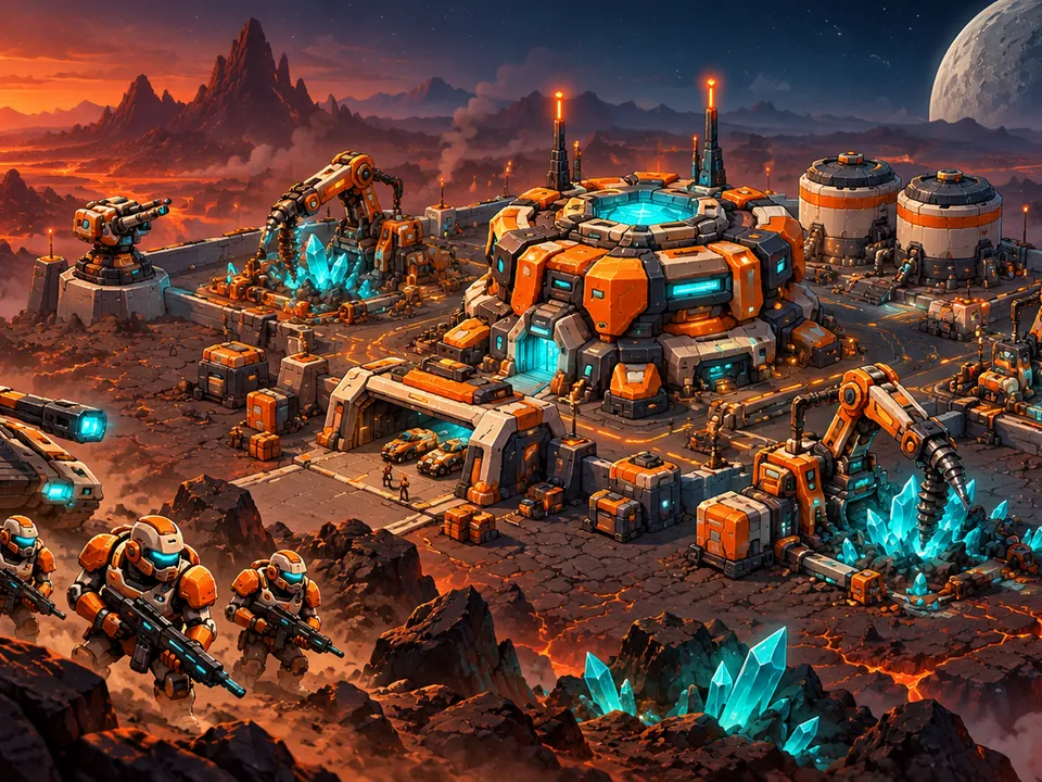 An Atropion colony at dusk on a volcanic world, with turrets, extractors and a hover tank
