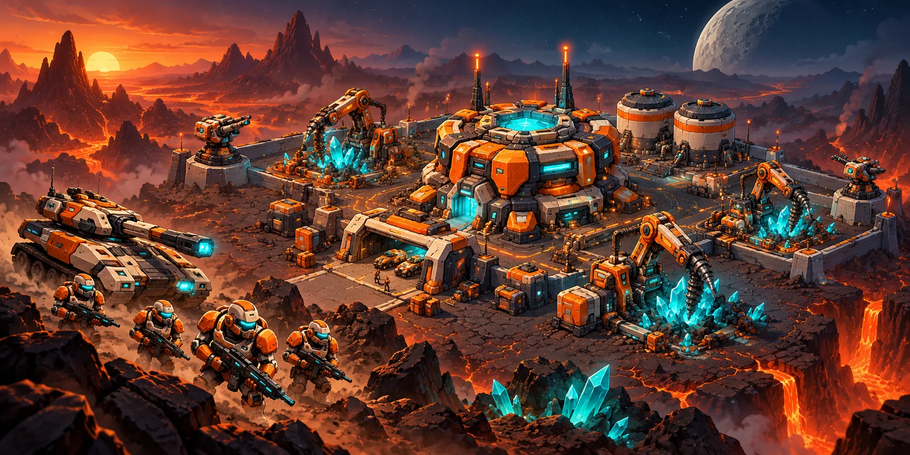 An Atropion colony at dusk: extractors, silos and turrets on volcanic rock, soldiers and a hover tank in front