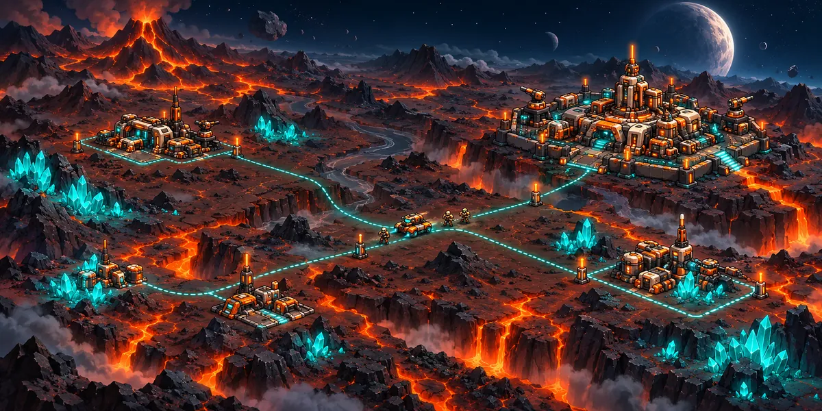 A wide view of the volcanic frontier with colonies scattered between lava rivers